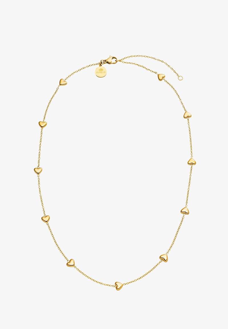 Collier délicat en chaîne dorée avec de petits charms en forme de cœur polis, espacés uniformément sur toute la longueur et une fermeture à mousqueton.