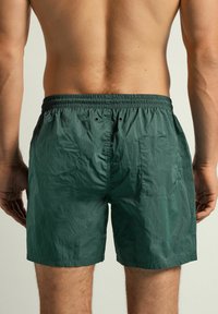 Shorts de bain verts en matériau léger, dotés d'une taille élastique, d'une poche arrière et d'une surface lisse légèrement texturée.
