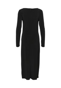 Must must dress, mille pikkade varrukatega, sirge lõikega, ümmarguse kaelusega ja tagumise tõmblukuga. Valmistatud siledast kangast, külje lõhiku ja liikumisvabaduse tagamiseks.