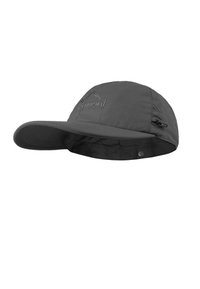 Schwarze Kappe mit gebogenem Schirm und gesticktem Logo. Hergestellt aus leichtem Stoff, verfügt über verstellbare Riemen an den Seiten für eine bequeme Passform.