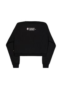 Sweat-shirt court noir à manches longues avec un petit logo floral blanc et rose et le texte « The Flight Garden » sur le haut de la poitrine.