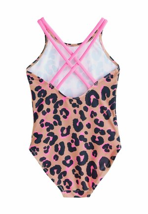 Kostium kąpielowy w panterkę z jasnoróżowym designem krzyżujących się ramiączek. Materiał jest gładki, w brzoskwiniowo-beżowym tle z czarnymi akcentami.