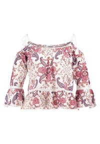 Blusa bianca senza spalle con motivi floreali e paisley in rosa e viola. Presenta maniche arricciate e orlo a peplum. Lacci alle spalle.