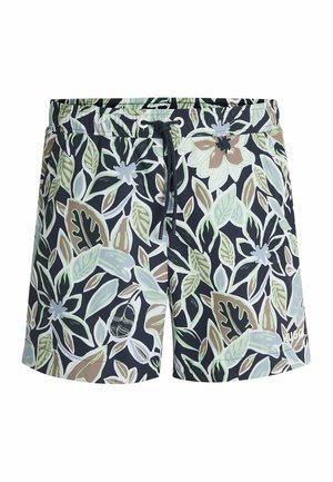 Swim shorts with a black base, featuring a colorful floral and leaf pattern in green, brown, and gray. Elastic waistband with drawstring.