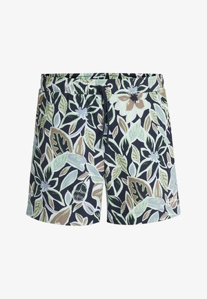 Badvbyxor med svart bas, prydda med ett färgglatt mönster av blommor och blad i grönt, brunt och grått. Elastisk midjeband med dragsko.