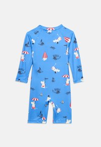 Modro enodelne kopalke z dolgimi rokavi z motivi Moomin junakov, rdečimi in belimi dežniki ter napisom "Marmar x Moomin".