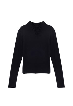 Zwarte lange mouwen top met een hoge halslijn, voorzien van een geplooide textuur aan de voorkant, gemaakt van zachte stretchstof en in een cropped ontwerp.