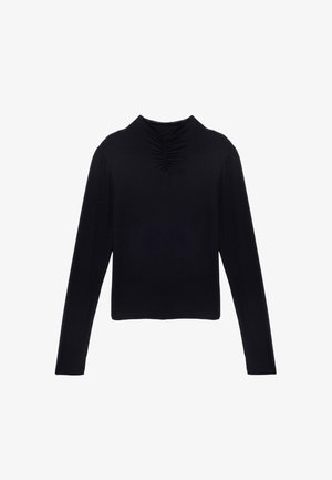 Czarna bluzka z długim rękawem i wysokim kołnierzem, z marszczonym wykończeniem z przodu, wykonana z miękkiej tkaniny elastycznej, o skróconym kroju.