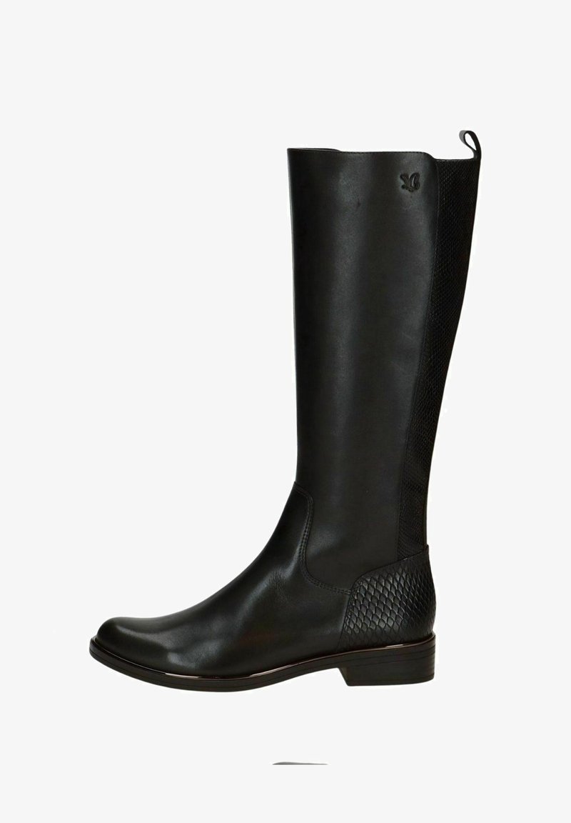 Botas de cuero negro hasta la rodilla con un acabado suave, paneles laterales texturizados y un tacón bajo de bloque. Presentan un patrón trenzado decorativo en el tobillo.
