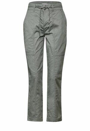 Helle graue, Baumwollmischungshose mit geradem Bein, Kordelzugbund und mehreren Taschen. Glatte Textur und minimalistisches Nähen.