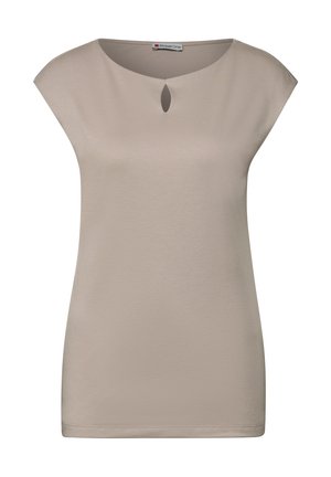 Haut beige à manches courtes avec un col rond et un détail en forme de trou de serrure. Tissu lisse, coupe droite et éléments de design minimalistes.