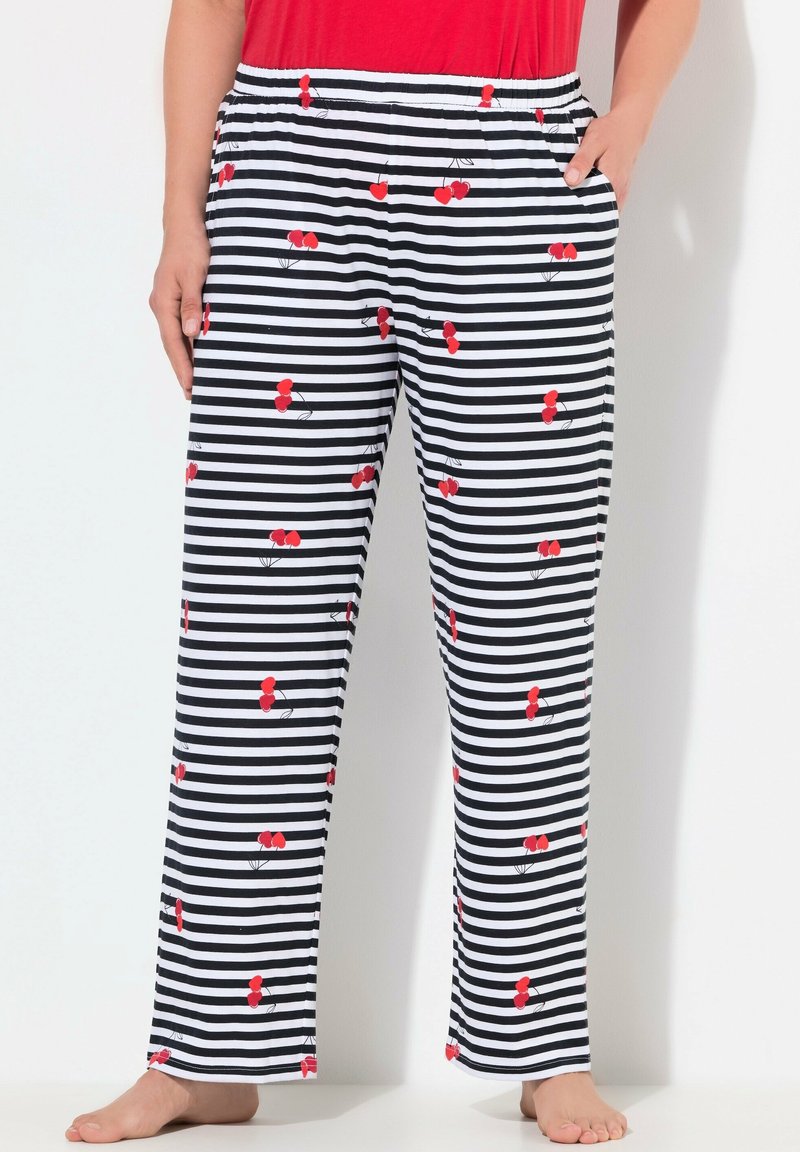 Zwart-witte gestreepte pyjamabroek met rode kersenprint, voorzien van een elastische tailleband en zijzakken. Zacht materiaal met een relaxed fit.