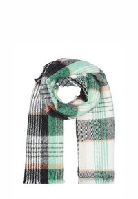 Écharpe à carreaux présentant des couleurs vert, noir, blanc et orange. Text texture douce avec des bords frangés et des motifs à carreaux distincts.