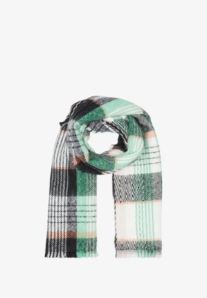 Geruite sjaal in groen, zwart, wit en oranje. Zachte textuur met franjes aan de randen en duidelijke ruitpatronen door het hele ontwerp.