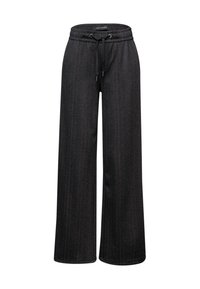 Tummanharmaat leveälahkeiset housut, joissa on joustava vyötärönauha, kiristysnauha ja hienovaraiset oranssit pinstripes, valmistettu pehmeästä, teksturoidusta kankaasta.