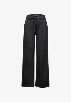 Ciemnoszare spodnie o szerokich nogawkach z elastycznym pasem, sznurkiem do wiązania i subtelnymi pomarańczowymi prążkami, wykonane z miękkiego, teksturowanego materiału.