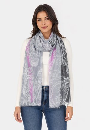 Faera, LEICHT TRANSPARENTER SCHAL FRANSEN PAISLEY AUFDRUCK STREIFEN - Scarf - grau