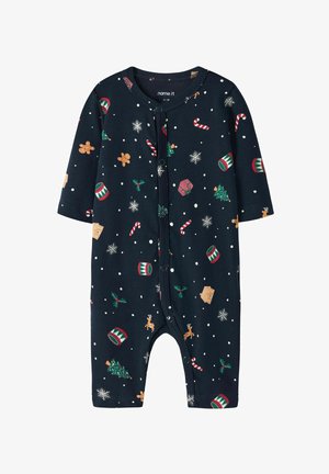 Body a maniche lunghe blu navy realizzato in cotone, con una stampa natalizia colorata di alberi, fiocchi di neve, omini di pan di zenzero e bastoncini di zucchero.
