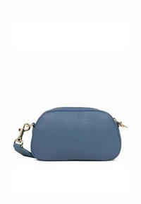 Borsa a tracolla in pelle blu con finitura testurizzata, chiusura con zip e tracolla removibile. I dettagli in metallo dorato esaltano il design.