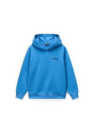 Sweat à capuche bleu avec le logo "Napapijri" sur le côté gauche de la poitrine, manches longues, poignets et ourlet côtelés, présenté sur fond blanc.
