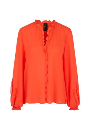 Helles orangefarbenes Langarmbluse mit gerüschten Kanten am Kragen, der vorderen Knopfleiste und den Manschetten, mit lockerem Sitz und gerafften Ärmelsäumen.