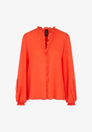 Helles orangefarbenes Langarmbluse mit gerüschten Kanten am Kragen, der vorderen Knopfleiste und den Manschetten, mit lockerem Sitz und gerafften Ärmelsäumen.