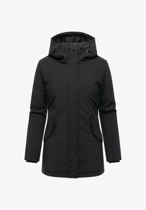 Giacca invernale nera imbottita con cappuccio, cerniera frontale coperta da patta, due tasche oblique con bottone e maniche lunghe.