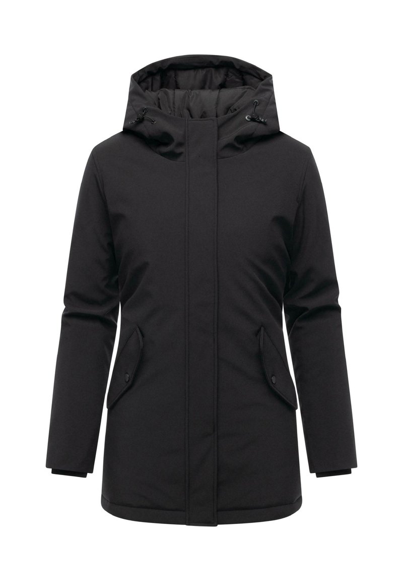 Black padded winter jacket with hood, front zipper covered by flap, two slanted buttoned pockets, and long sleeves.