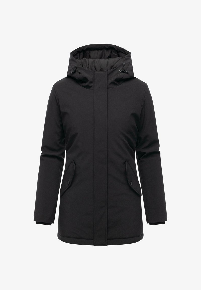 Black padded winter jacket with hood, front zipper covered by flap, two slanted buttoned pockets, and long sleeves.
