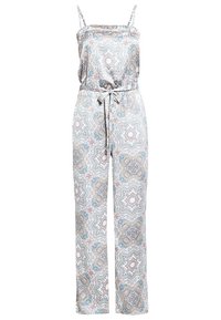 Combinaison sans manches avec bretelles ajustables, taille à cordon, jambes larges, présentant des motifs géométriques et floraux élaborés en bleu pastel, rose et beige.