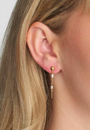 Kultaiset roikkuvat korvakorut, joissa on teksturoitu kultainen niitti ja valkoisilla helmillä koristeltu ketju, roikkuen juuri korvanlehdestä alaspäin. Yksinkertainen ja tyylikäs muotoilu.