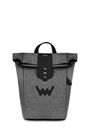 Gray backpack with a fold-over top, black leather accents, snap buttons, and embossed logo on the front. Textured fabric finish.