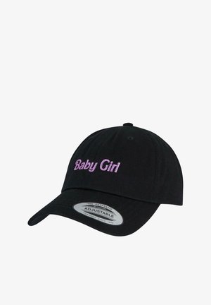Schwarze verstellbare Baseballmütze mit gesticktem "Baby Girl" in Helllila. Klassische Form mit gebogenem Schirm und strukturiertem Stoff.