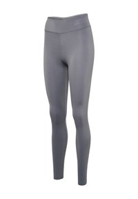 Grå leggings av slät, stretchig tyg med hög midjeresår. Har förstärkta sömmar och en liten logga högst upp.