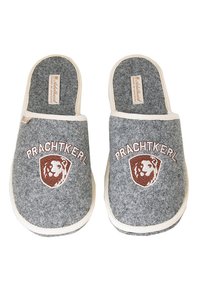 Gray felt slippers with cream accents, featuring a lion emblem and "Prachtkerl" text. Closed-toe design and cushioned interior.
