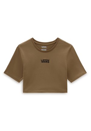 Brown cropped t-shirt made of cotton with short sleeves, features a round neckline and a black embroidered Vans logo on the front.