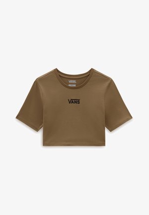 Camiseta corta marrón de algodón con mangas cortas, presenta un escote redondo y un logotipo de Vans bordado en negro en la parte frontal.