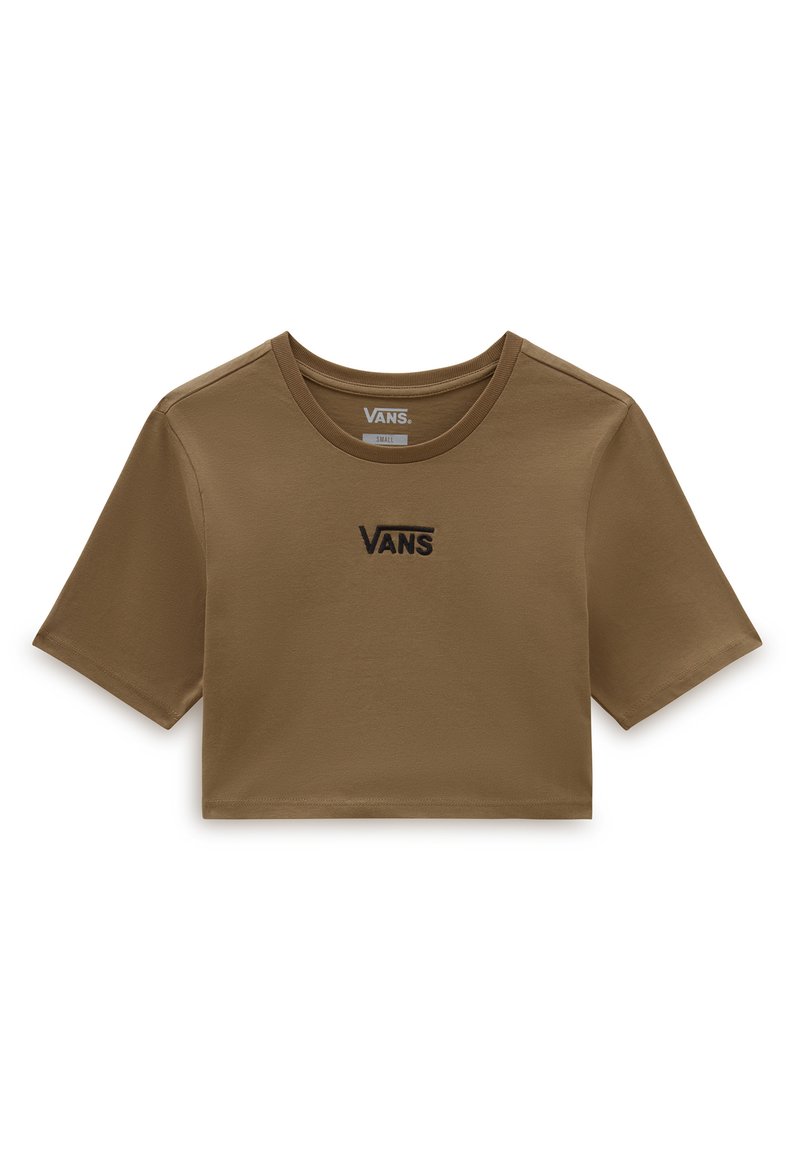 Camiseta corta marrón de algodón con mangas cortas, presenta un escote redondo y un logotipo de Vans bordado en negro en la parte frontal.