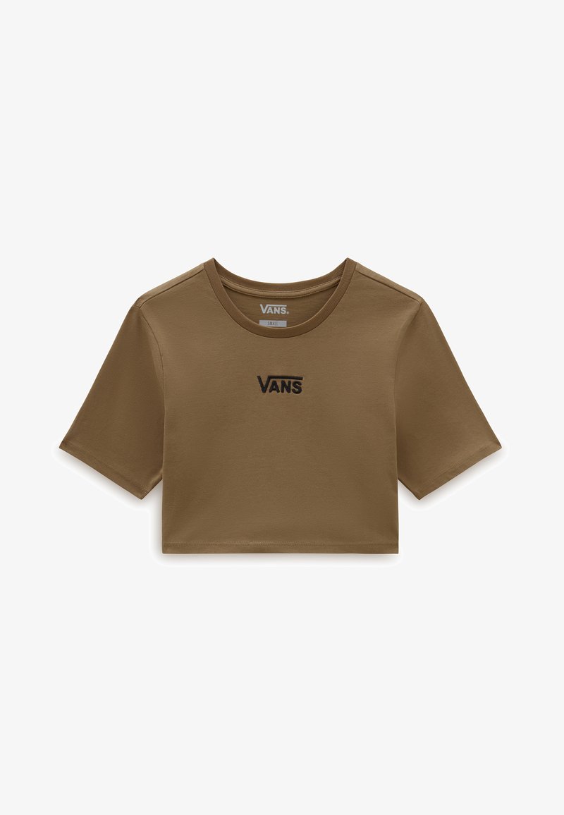 Brun cropped t-shirt lavet af bomuld med korte ærmer, har en rund halsudskæring og et sort broderet Vans-logo på forsiden.