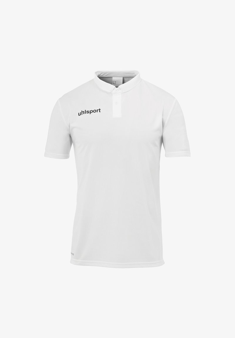 Witte polo gemaakt van een gladde stof, met een kraag, knoopsluiting en het zwarte uhlsport-logo op de linkerborst.