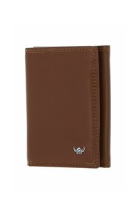 Portefeuille trifold en cuir marron avec coutures apparentes et un petit logo argenté présentant un « G » stylisé et des formes ressemblant à des ailes sur le devant.