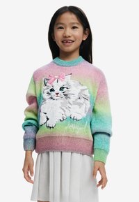 Rosa, gradient gestrickter Pullover mit einer bestickten weißen Katze und einer rosa Schleife. Hellblauer Kragen und Bündchen, weicher Stoff und lässige Passform.