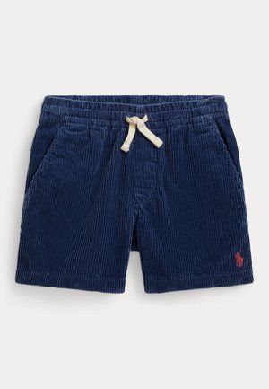 Short en velours côtelé bleu marine avec taille élastique et cordon crème, poches latérales et petit logo rouge sur la jambe gauche.