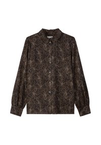 Brązowa koszula w kwiatowy wzór z długimi rękawami, zapinana na guziki, z klasycznym kołnierzem. Wykonana z miękkiej tkaniny ożywionej konturami kwiatów.