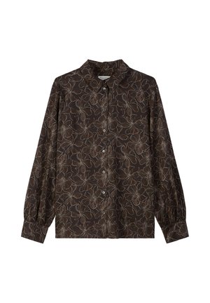 Brązowa koszula w kwiatowy wzór z długimi rękawami, zapinana na guziki, z klasycznym kołnierzem. Wykonana z miękkiej tkaniny ożywionej konturami kwiatów.