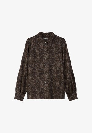 Brown floral patterned shirt with long sleeves, button closure, and a classic collar. Made from soft woven fabric, featuring outlined flowers.