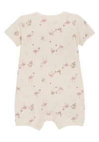 Kortärmad babyoverall i beige bomull med tryckta rosa flamingos och blommande detaljer i grönt och blått. Knappstängning i botten.