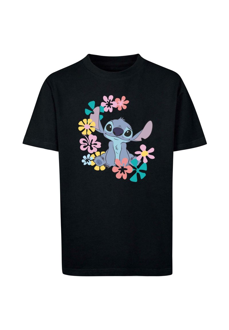 Schwarzes T-Shirt mit einem Grafikmotiv eines blauen Charakters, umgeben von bunten Blumen in pinken, gelben und grünen Farbtönen. Normale Passform, kurze Ärmel.