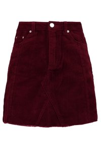 Burgunderfärgad kordkjol med en utsvängd design, framfickor, fem bältesöglor och rå nederkant. Har metallknapp och dragkedjestängning.