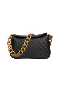 Borsa a tracolla in pelle nera trapuntata con superficie testurizzata, tracolla in catena dorata con design intrecciato e chiusura a pattina.